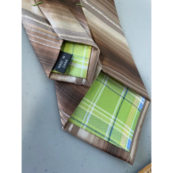Brown Striped 100% Silk Neck Tie With Green Plaid Accent Business Professional - Picture 2 of 6